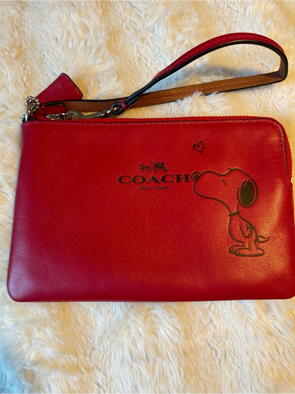 COACH Red Snoopy Leather Wristlet Pouch
